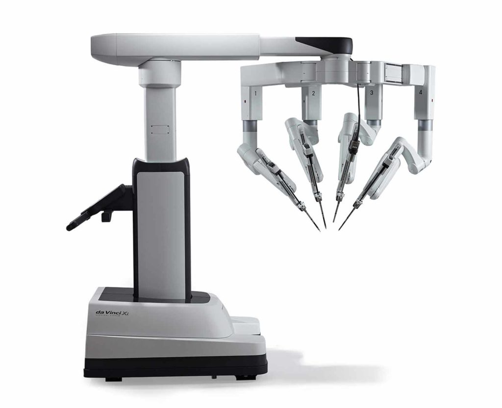 The da Vinci robot has a large, vertical stand with a wheeled base and four arms with sharp instruments that are used during surgery.