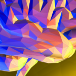 A stylized image of a side view of a human brain is shown. A yellow fractal background is seen behind the image.
