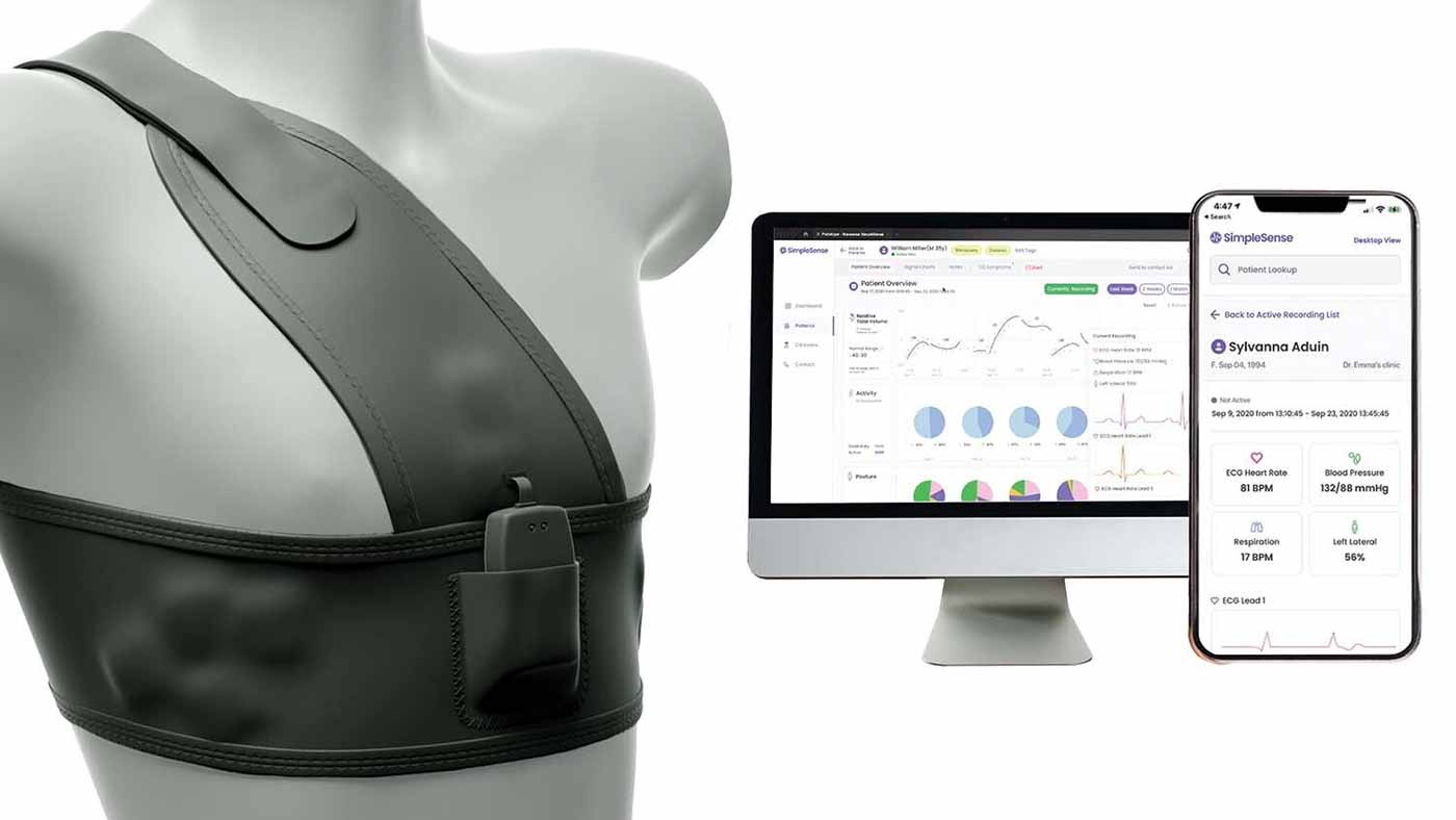 The image shows a torso of a mannequin with a strap over one shoulder connecting to a strap holding a device. On the right is a computer screen and phone showing the data that can be transferred from the device.