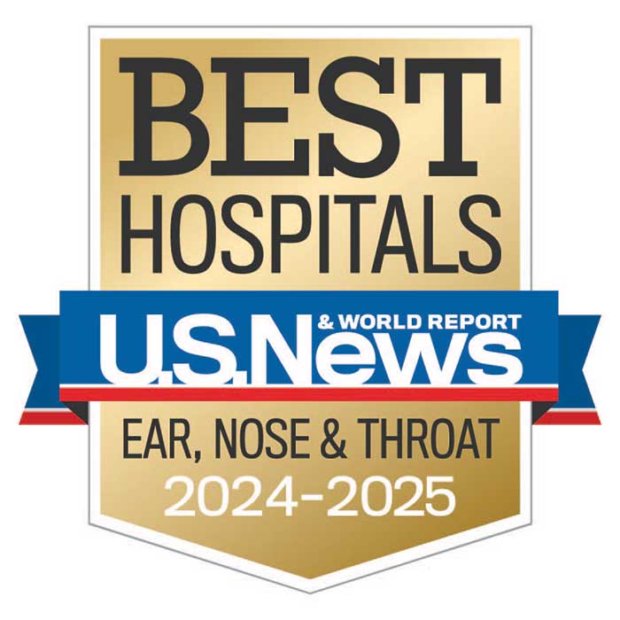 Badge image of U.S. News & World Report Best Hospitals – Ranked nationally in Ear, Nose & Throat Specialties for 2024-2025.